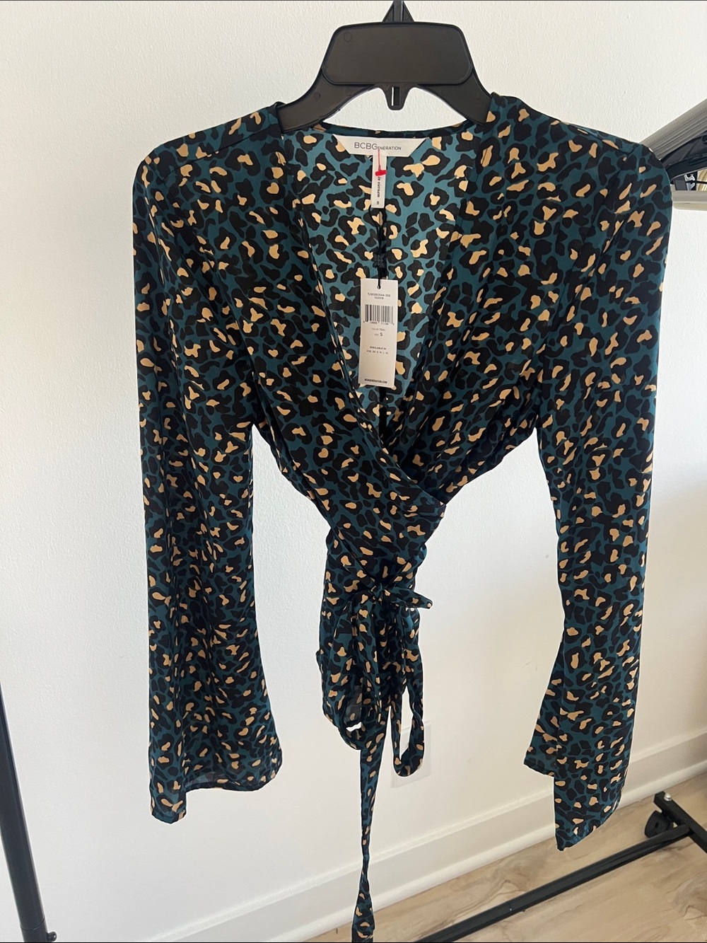 BCBGeneration Teal and Tan Leopard Tie-Front Blouse